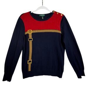 Lauren Ralph Lauren Equestrian Belt Buckle Sweater Navy Red Cotton Women’s Large